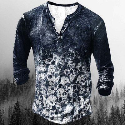 Horror Skulls Print Meeste Henley särk T-särgid Kevadpuuvillane vabaaja nööbiga V-kaelusega pikkade varrukatega tänavatopsid Meeste riided 5XL
