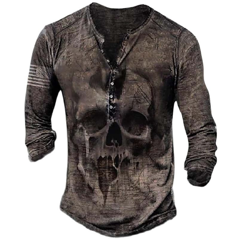 Horror Skulls Print Meeste Henley särk T-särgid Kevadpuuvillane vabaaja nööbiga V-kaelusega pikkade varrukatega tänavatopsid Meeste riided 5XL