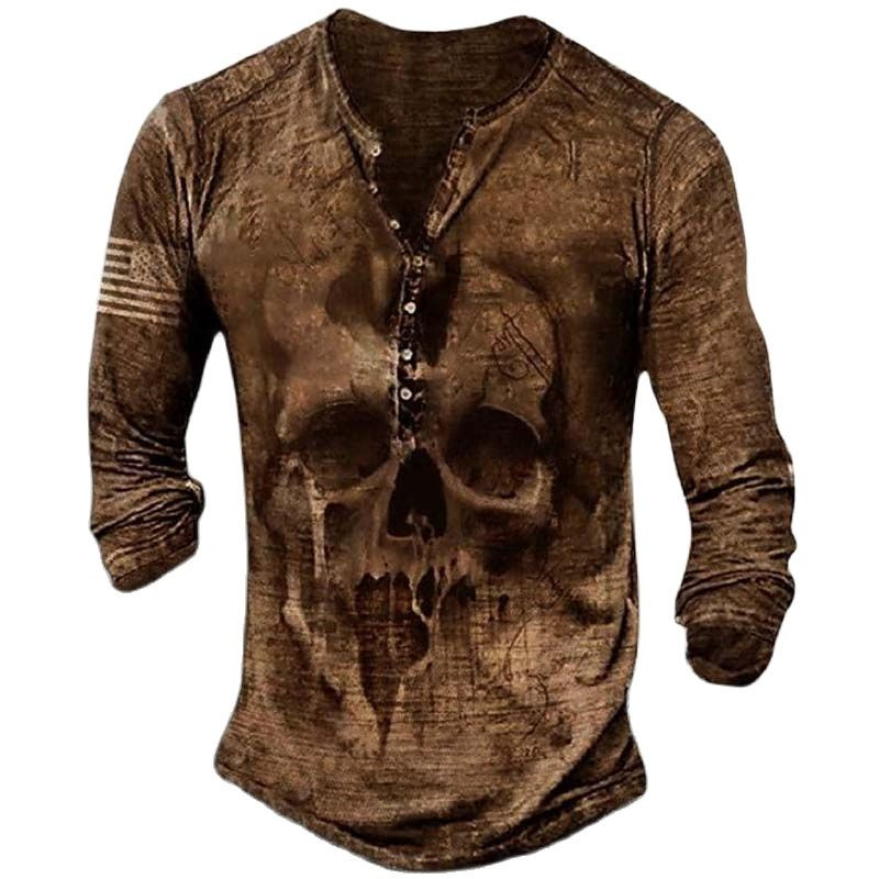 Horror Skulls Print Meeste Henley särk T-särgid Kevadpuuvillane vabaaja nööbiga V-kaelusega pikkade varrukatega tänavatopsid Meeste riided 5XL