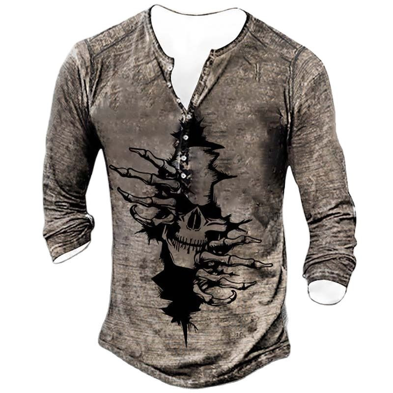 Horror Skulls Print Meeste Henley särk T-särgid Kevadpuuvillane vabaaja nööbiga V-kaelusega pikkade varrukatega tänavatopsid Meeste riided 5XL