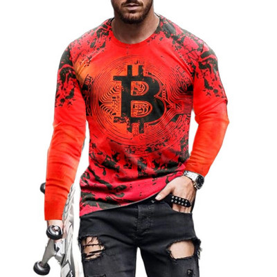 Μόδα Bitcoin Graphic 3D Pringted Ανδρικά μπλουζάκια Ανοιξιάτικα streetwear στρογγυλή λαιμόκοψη μακριά μανίκια casual loose μπλουζάκια Ανδρικά μπλουζάκια