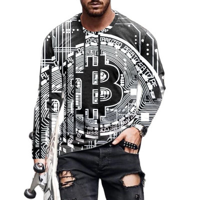 Μόδα Bitcoin Graphic 3D Pringted Ανδρικά μπλουζάκια Ανοιξιάτικα streetwear στρογγυλή λαιμόκοψη μακριά μανίκια casual loose μπλουζάκια Ανδρικά μπλουζάκια