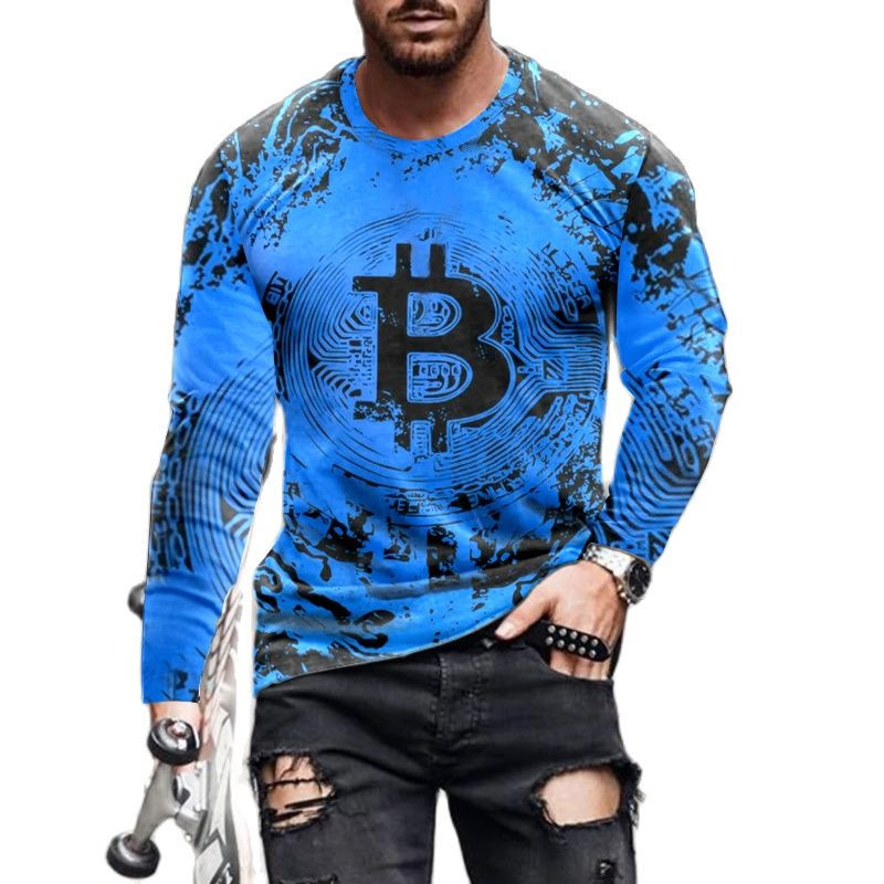 Μόδα Bitcoin Graphic 3D Pringted Ανδρικά μπλουζάκια Ανοιξιάτικα streetwear στρογγυλή λαιμόκοψη μακριά μανίκια casual loose μπλουζάκια Ανδρικά μπλουζάκια