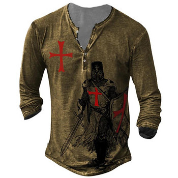 Βαμβακερό T-Shirt Ανδρικό μακρυμάνικο πουκάμισο Vintage Templar Graphic print T-shirt Casual με κουμπιά Ρούχα μεγάλου μεγέθους Μπλουζάκια υψηλής ποιότητας