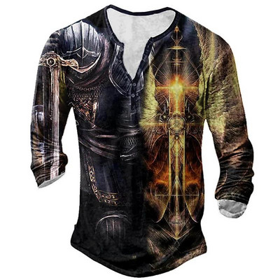 Puuvillane T-särk Meeste pikkade varrukatega särk Vintage Templar Graafilise trükiga T-särk vabaaja nööbiga Suured riided Kvaliteetsed topid