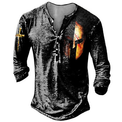 Puuvillane T-särk Meeste pikkade varrukatega särk Vintage Templar Graafilise trükiga T-särk vabaaja nööbiga Suured riided Kvaliteetsed topid