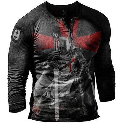 Puuvillane T-särk Meeste pikkade varrukatega särk Vintage Templar Graafilise trükiga T-särk vabaaja nööbiga Suured riided Kvaliteetsed topid