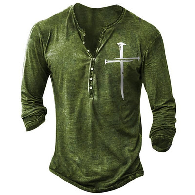 Puuvillane T-särk Meeste pikkade varrukatega särk Vintage Templar Graafilise trükiga T-särk vabaaja nööbiga Suured riided Kvaliteetsed topid