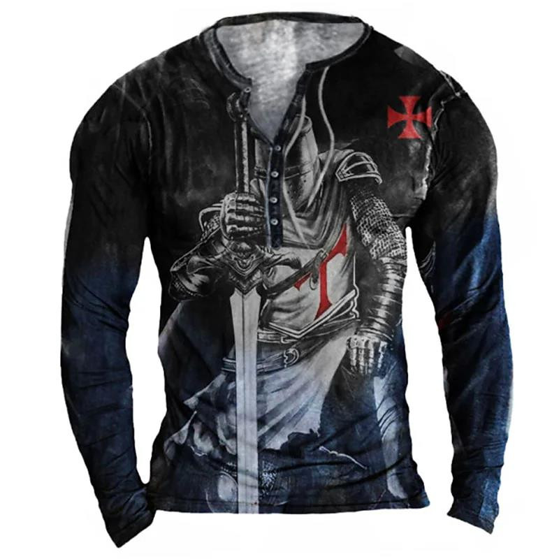 Puuvillane T-särk Meeste pikkade varrukatega särk Vintage Templar Graafilise trükiga T-särk vabaaja nööbiga Suured riided Kvaliteetsed topid