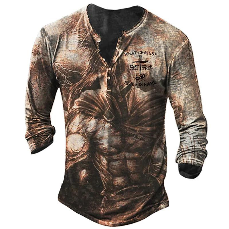 Puuvillane T-särk Meeste pikkade varrukatega särk Vintage Templar Graafilise trükiga T-särk vabaaja nööbiga Suured riided Kvaliteetsed topid