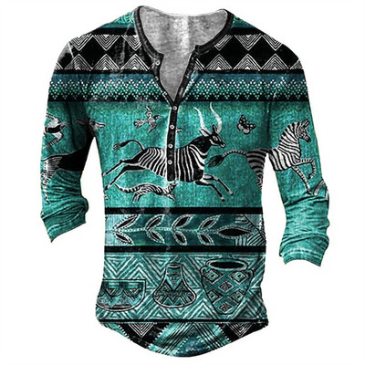 Vintage muške majice kratkih rukava s dugmadima s tiskanim etničkim uzorkom proljeće jesen labave majice dugih rukava s v-izrezom, velike muške odjeće