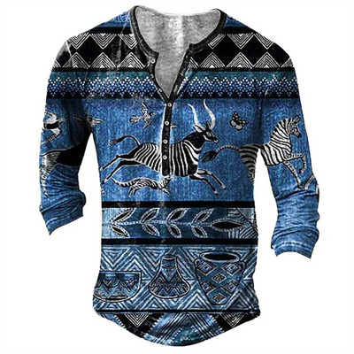 Vintage muške majice kratkih rukava s dugmadima s tiskanim etničkim uzorkom proljeće jesen labave majice dugih rukava s v-izrezom, velike muške odjeće