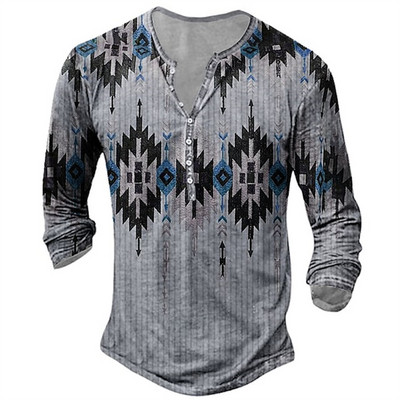 Vintage muške majice kratkih rukava s dugmadima s tiskanim etničkim uzorkom proljeće jesen labave majice dugih rukava s v-izrezom, velike muške odjeće