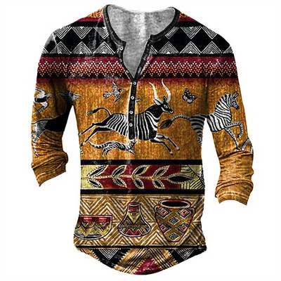 Vintage muške majice kratkih rukava s dugmadima s tiskanim etničkim uzorkom proljeće jesen labave majice dugih rukava s v-izrezom, velike muške odjeće