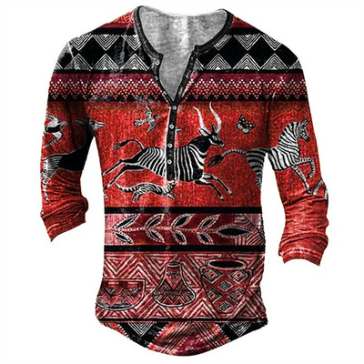 Vintage muške majice kratkih rukava s dugmadima s tiskanim etničkim uzorkom proljeće jesen labave majice dugih rukava s v-izrezom, velike muške odjeće