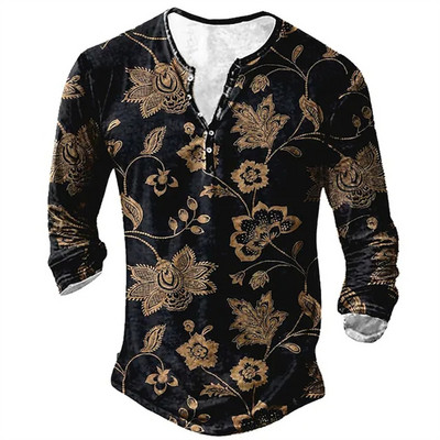 Vintage muške majice kratkih rukava s dugmadima s tiskanim etničkim uzorkom proljeće jesen labave majice dugih rukava s v-izrezom, velike muške odjeće