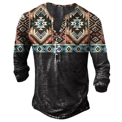 Vintage muške majice kratkih rukava s dugmadima s tiskanim etničkim uzorkom proljeće jesen labave majice dugih rukava s v-izrezom, velike muške odjeće