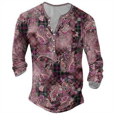 Vintage muške majice kratkih rukava s dugmadima s tiskanim etničkim uzorkom proljeće jesen labave majice dugih rukava s v-izrezom, velike muške odjeće