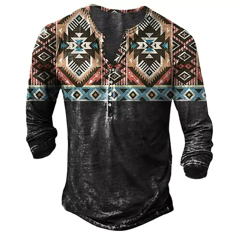 Vintage muške majice kratkih rukava s dugmadima s tiskanim etničkim uzorkom proljeće jesen labave majice dugih rukava s v-izrezom, velike muške odjeće