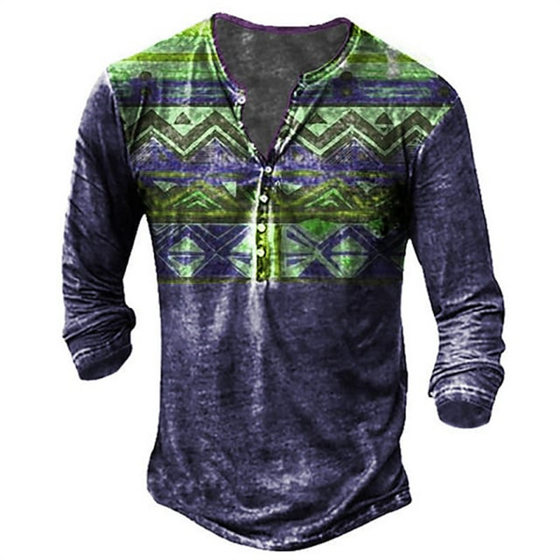 Vintage muške majice kratkih rukava s dugmadima s tiskanim etničkim uzorkom proljeće jesen labave majice dugih rukava s v-izrezom, velike muške odjeće