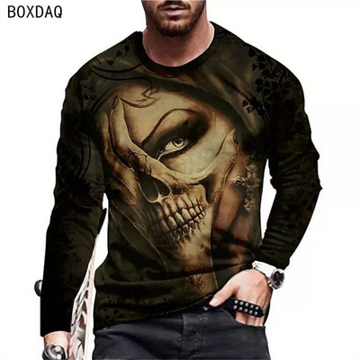 Tricou cu imprimare digitală 3D cu craniu Tricou toamnă cu mânecă lungă O casual Tricou pentru bărbați Tricou mare pentru bărbați Fahion