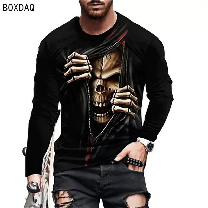 Τρισδιάστατη ψηφιακή εκτύπωση κρανίου T-shirt T-shirts φθινοπώρου με μακριά μανίκια O casual μπλουζάκι ανδρικό μεγάλο ανδρικό T-shirt Fahion