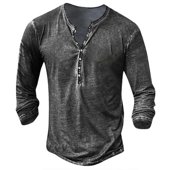 Винтидж тениска за мъже, едноцветни графични тениски, памучна риза с 3D печат Henley, тениски с дълъг ръкав, големи горнища за мъжко облекло