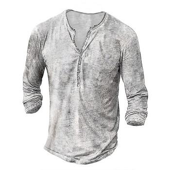 Винтидж тениска за мъже, едноцветни графични тениски, памучна риза с 3D печат Henley, тениски с дълъг ръкав, големи горнища за мъжко облекло