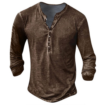 Vintage μπλουζάκι για άντρες Μονόχρωμο γραφικό μπλουζάκι βαμβακερό 3D πουκάμισο Henley μακρυμάνικο μπλουζάκι μεγάλου μεγέθους Ανδρικά ρούχα