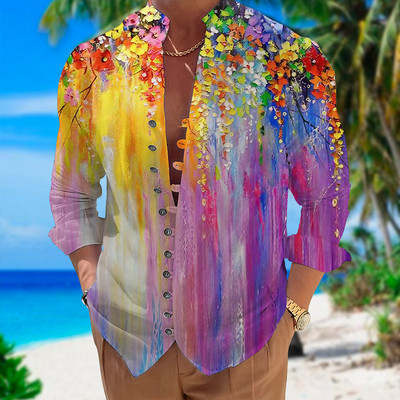 Ανδρικό πουκάμισο με φλοράλ γραφικά στάμπα γιακάς Outdoor Street μακρυμάνικο ένδυμα ένδυσης Σχεδιαστής μόδας Casual Comfort