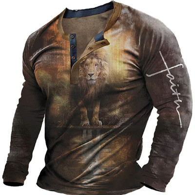 Vintage 3D print Μακρυμάνικα μπλουζάκια Βαμβακερό ανδρικό μπλουζάκι Jesus Lion Graphic Top μεγάλου μεγέθους Ρούχα με λαιμόκοψη σε O-λαιμόκοψη πουκάμισο με κουμπιά