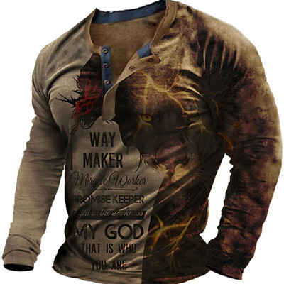 Vintage 3D print Μακρυμάνικα μπλουζάκια Βαμβακερό ανδρικό μπλουζάκι Jesus Lion Graphic Top μεγάλου μεγέθους Ρούχα με λαιμόκοψη σε O-λαιμόκοψη πουκάμισο με κουμπιά