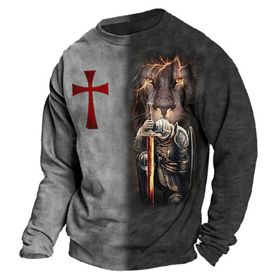 Vintage 3D print Μακρυμάνικα μπλουζάκια Βαμβακερό ανδρικό μπλουζάκι Jesus Lion Graphic Top μεγάλου μεγέθους Ρούχα με λαιμόκοψη σε O-λαιμόκοψη πουκάμισο με κουμπιά