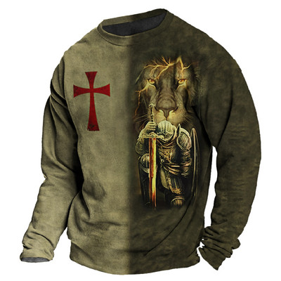 Vintage 3D print Μακρυμάνικα μπλουζάκια Βαμβακερό ανδρικό μπλουζάκι Jesus Lion Graphic Top μεγάλου μεγέθους Ρούχα με λαιμόκοψη σε O-λαιμόκοψη πουκάμισο με κουμπιά