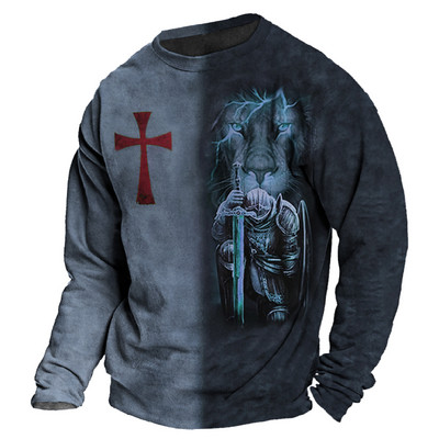 Vintage 3D print Μακρυμάνικα μπλουζάκια Βαμβακερό ανδρικό μπλουζάκι Jesus Lion Graphic Top μεγάλου μεγέθους Ρούχα με λαιμόκοψη σε O-λαιμόκοψη πουκάμισο με κουμπιά