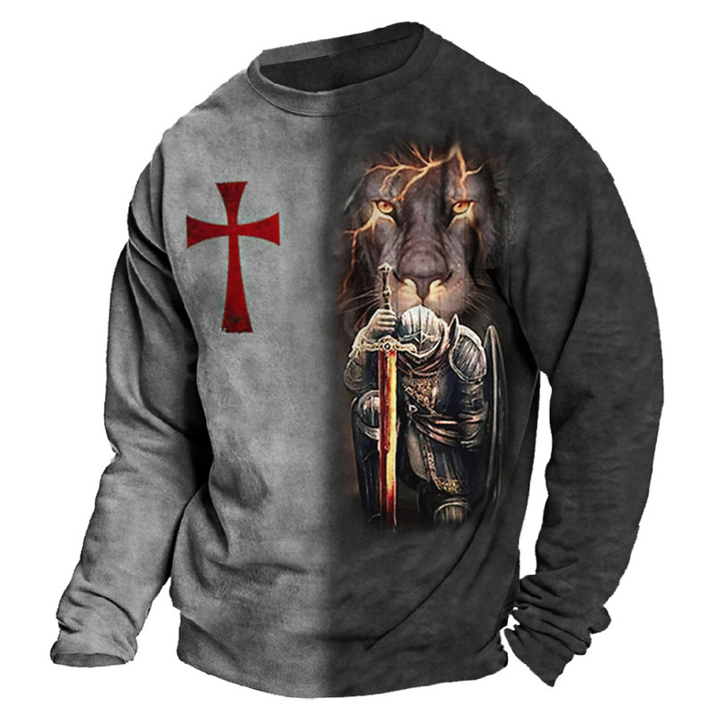 Vintage 3D print Μακρυμάνικα μπλουζάκια Βαμβακερό ανδρικό μπλουζάκι Jesus Lion Graphic Top μεγάλου μεγέθους Ρούχα με λαιμόκοψη σε O-λαιμόκοψη πουκάμισο με κουμπιά