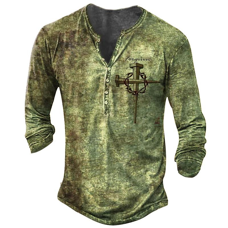 Ανδρικό μπλουζάκι με μακρυμάνικο ρετρό σταυρωτό μπλουζάκι με κουμπιά με άνοιξη βαμβακερή λαιμόκοψη με V λαιμόκοψη Streetwear μπλουζάκια Casual Tees Υπερμεγέθη μπλουζάκια 5XL