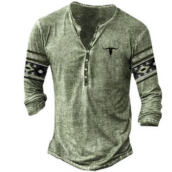 Vintage T-Shirt Ανδρικά Tribal Graphic T-shirts Βαμβακερό 3D printed Henley πουκάμισο μακρυμάνικο υπερμεγέθη ανδρικά ρούχα σε έθνικ στυλ