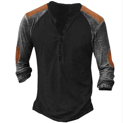 Vintage T-särk meestele Tribal Graphic T-särgid Puuvillane 3D Prinditud Henley Särk Suurte varrukatega Meeste Riietus Etniline stiil