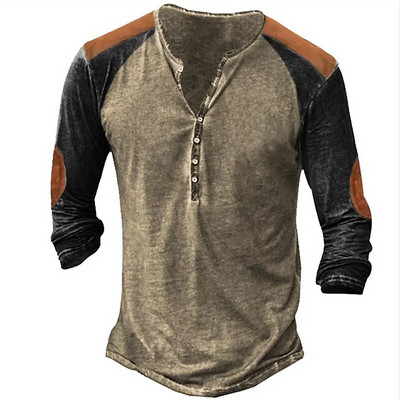 Vintage T-särk meestele Tribal Graphic T-särgid Puuvillane 3D Prinditud Henley Särk Suurte varrukatega Meeste Riietus Etniline stiil