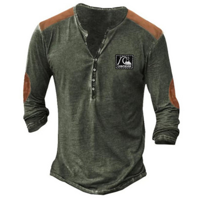 Vintage T-särk meestele Tribal Graphic T-särgid Puuvillane 3D Prinditud Henley Särk Suurte varrukatega Meeste Riietus Etniline stiil