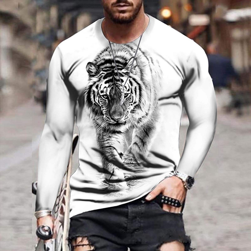 3D-prindiga tiigri T-särk meestele Sügisene suurte pikkade varrukatega topid Pullover 2023 Moodsad tänavarõivad Meeste lahedad riided Uued särgid