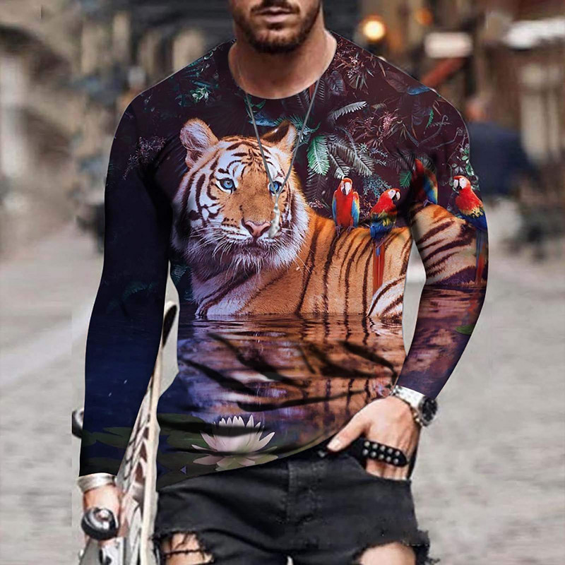 3D-prindiga tiigri T-särk meestele Sügisene suurte pikkade varrukatega topid Pullover 2023 Moodsad tänavarõivad Meeste lahedad riided Uued särgid