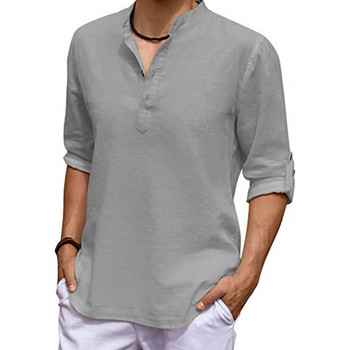Νέο ανδρικό λινό μακρυμάνικο μπλουζάκι με V λαιμόκοψη μονόχρωμο πουκάμισο Oversize Casual Βαμβακερό πουκάμισο Plus Size Ανδρικά πουκάμισα με κουμπί Yoga