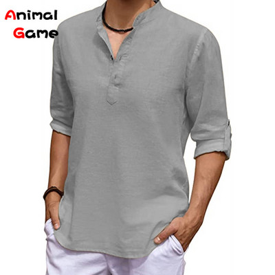 Uus meeste linane pikkade varrukatega V-kaelusega T-särk ühevärviline ülisuur vabaaja särk puuvillane särk pluss suuruses jooganööbiga meeste särgid