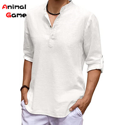 Uus meeste linane pikkade varrukatega V-kaelusega T-särk ühevärviline ülisuur vabaaja särk puuvillane särk pluss suuruses jooganööbiga meeste särgid