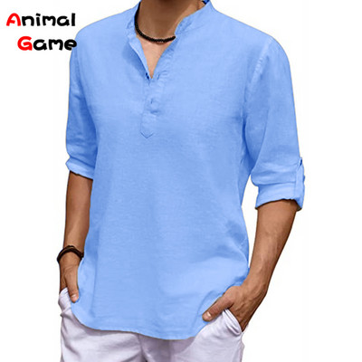 Uus meeste linane pikkade varrukatega V-kaelusega T-särk ühevärviline ülisuur vabaaja särk puuvillane särk pluss suuruses jooganööbiga meeste särgid