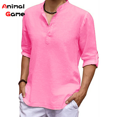 Uus meeste linane pikkade varrukatega V-kaelusega T-särk ühevärviline ülisuur vabaaja särk puuvillane särk pluss suuruses jooganööbiga meeste särgid