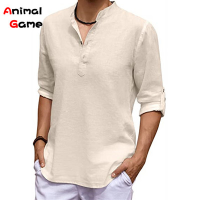 Uus meeste linane pikkade varrukatega V-kaelusega T-särk ühevärviline ülisuur vabaaja särk puuvillane särk pluss suuruses jooganööbiga meeste särgid