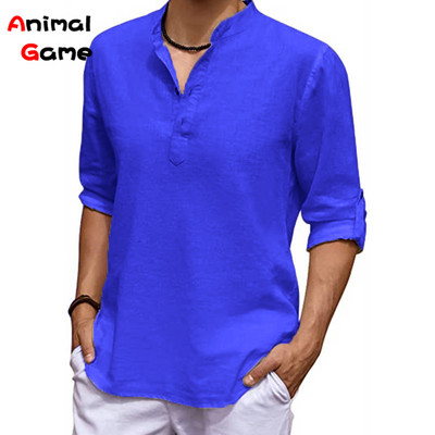 Uus meeste linane pikkade varrukatega V-kaelusega T-särk ühevärviline ülisuur vabaaja särk puuvillane särk pluss suuruses jooganööbiga meeste särgid